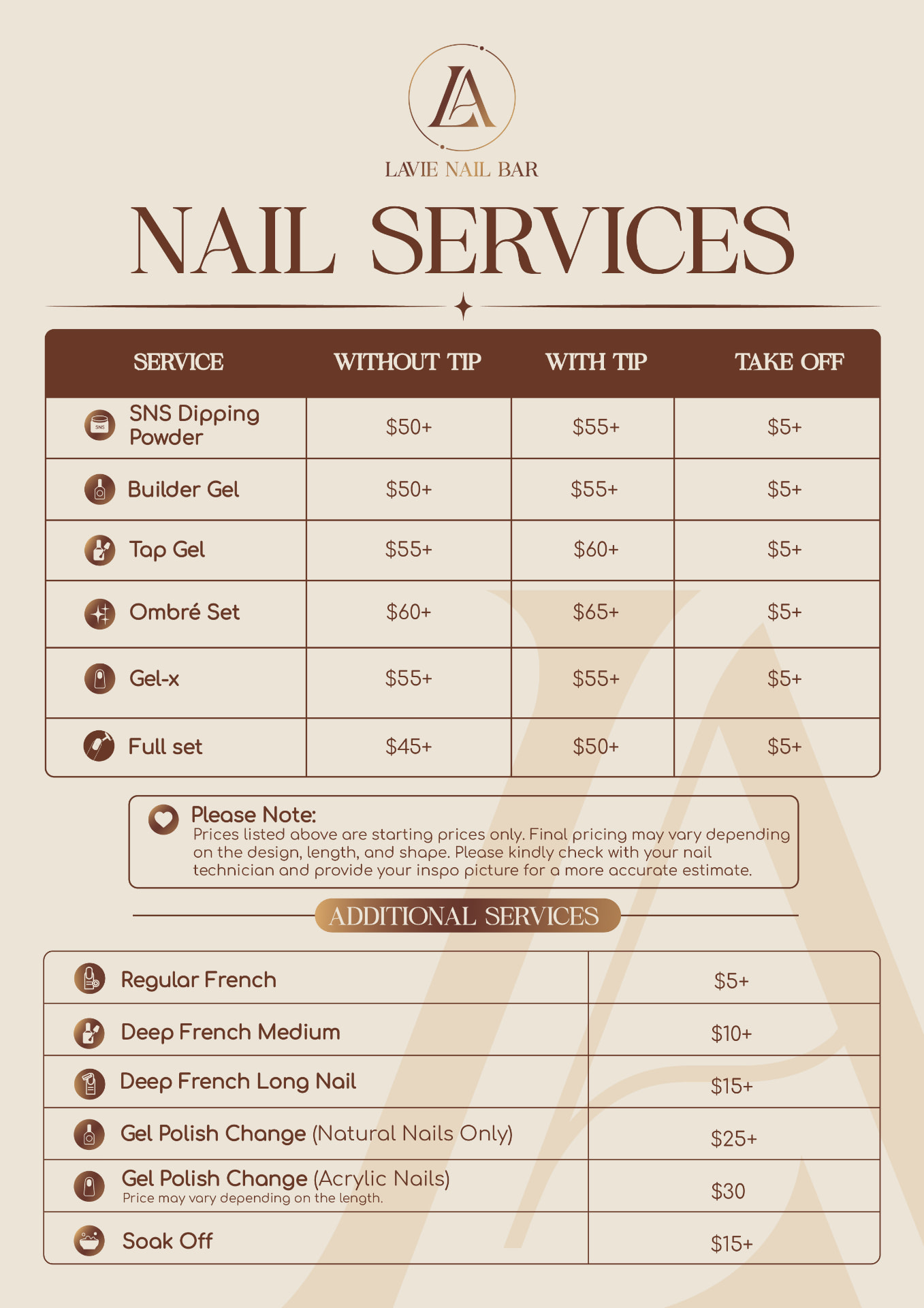 Lavie Nail Bar nail services price list — SNS dipping powder, builder gel, ombré, gel-x