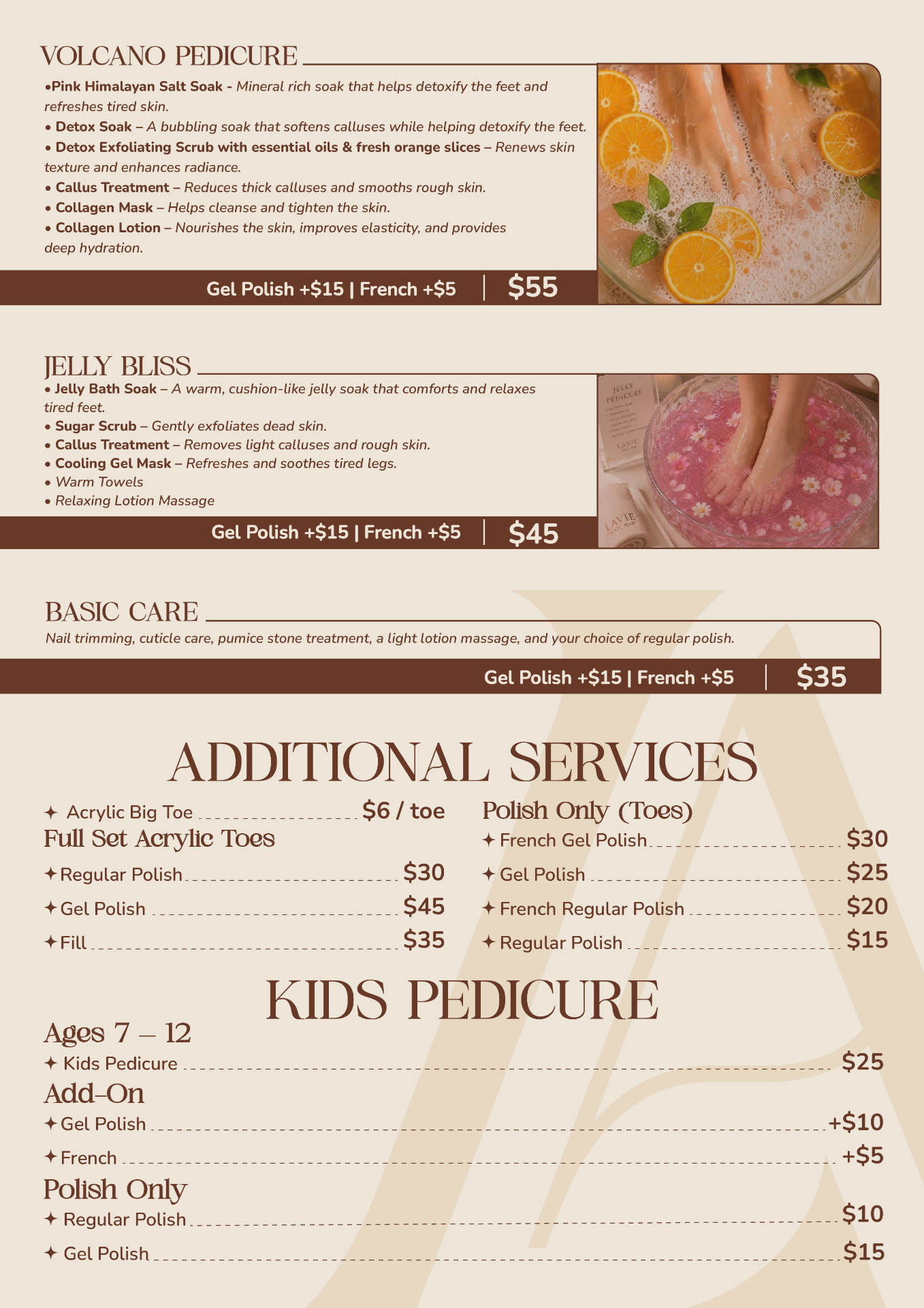 Lavie Nail Bar pedicure price list — Volcano, Jelly Bliss, Basic Care, kids pedicure