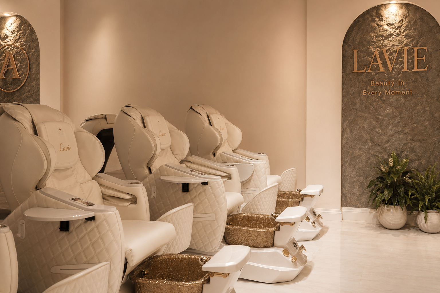 Row of luxurious cream pedicure chairs with gold basins along a warm beige wall, arched LAVIE feature niche and potted plants at Lavie Nail Bar