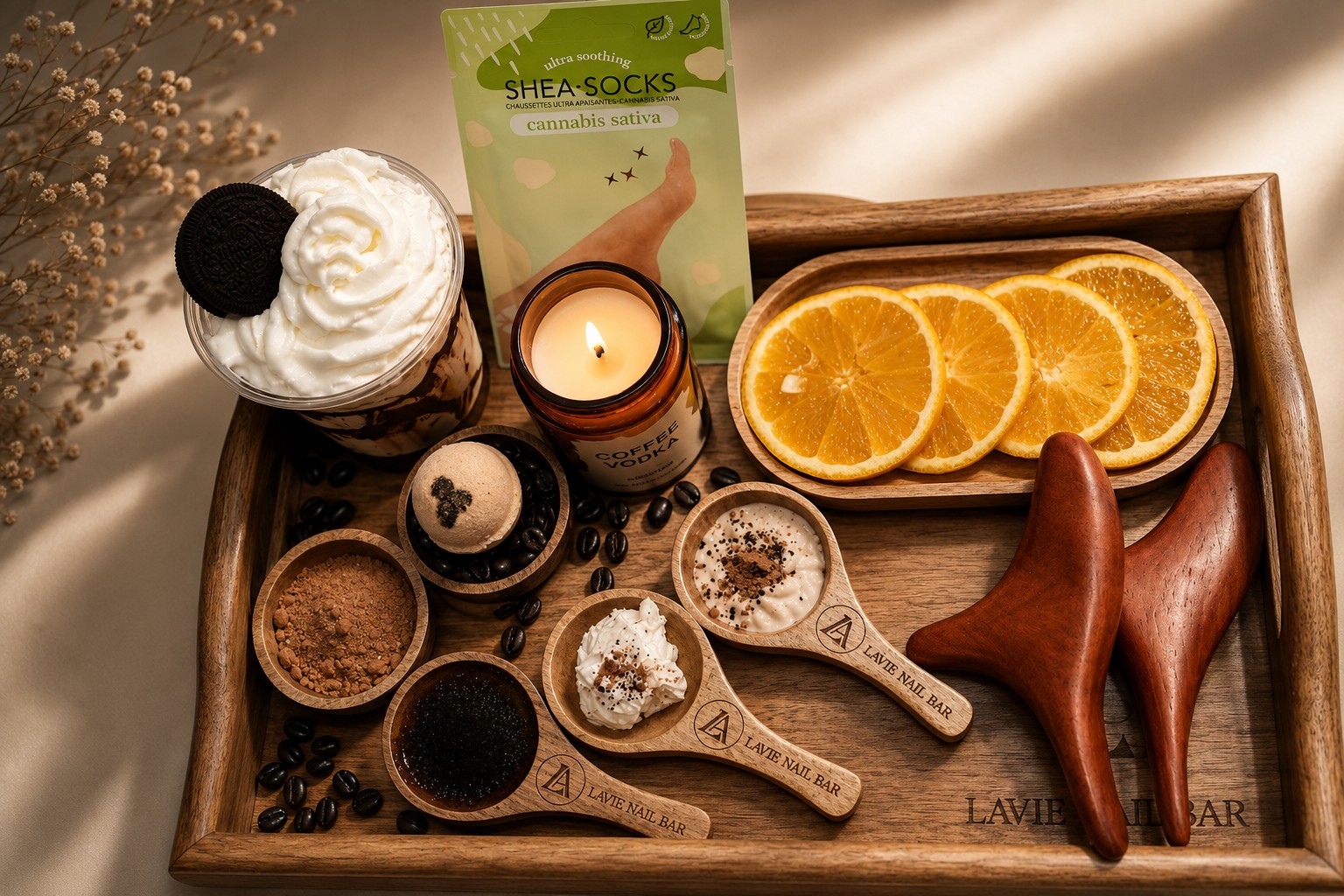 Coffee Vodka pedicure tray with Shea Socks, cookies-and-cream shake, orange slices, and Lavie wooden spoons