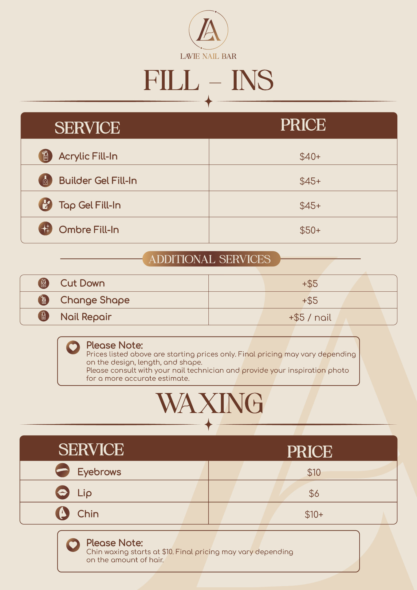 Lavie Nail Bar fill-ins and waxing price list